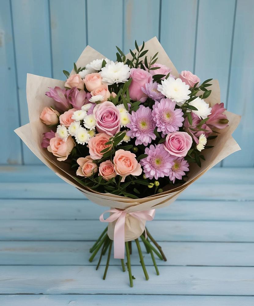 Букет цветов из: Хризантемы, Розы и Альстромерии в Звёздном Городке
