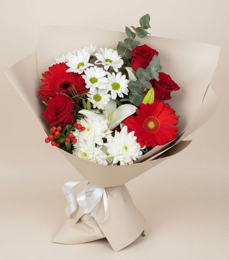 Букет цветов из: Розы, Хризантемы, Герберы и Лилии в Звёздном Городке