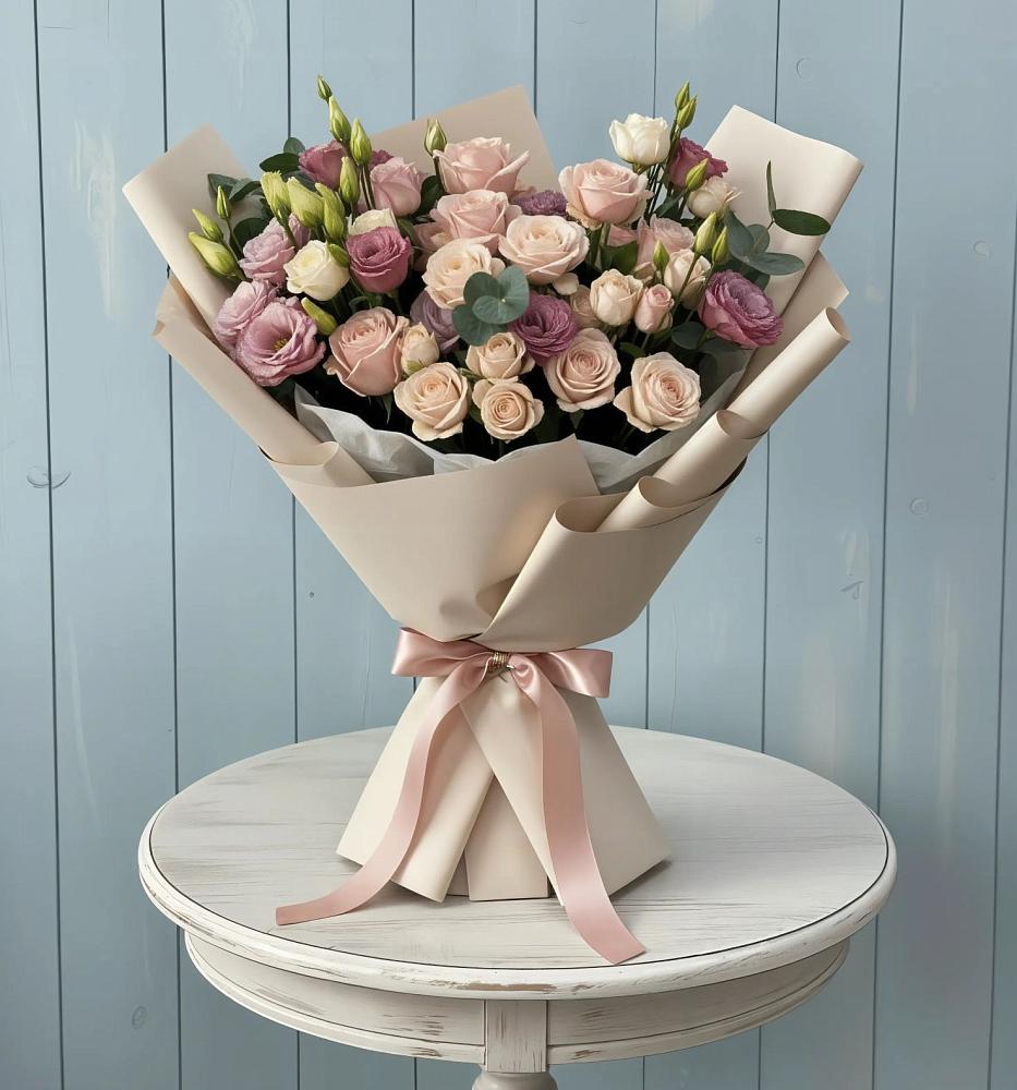 Букет цветов из: Розы и Лизиантусы в Звёздном Городке