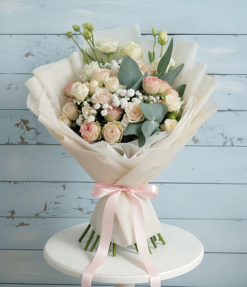 Букет цветов из: Розы и Лизиантусы в Звёздном Городке