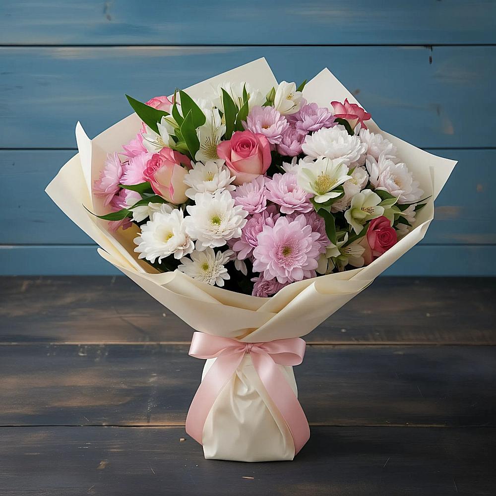 Букет цветов из: Хризантемы, Альстромерии и Розы в Звёздном Городке